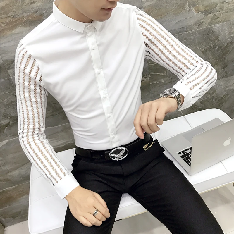 2021 New Mens Black White Lace Hollow Patchwork Shirt Long Sleeve Luxury  Party Promshirt Men\'s Petticoat Nightclub Dress Tuxedo