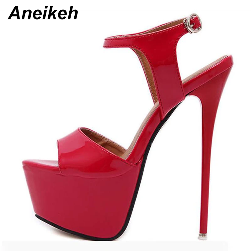 Aneikeh 16cm Ultra High Heels Sandals For Women Summer Sexy platform Wedge Club Shoes Woman Patent Leather Sandals