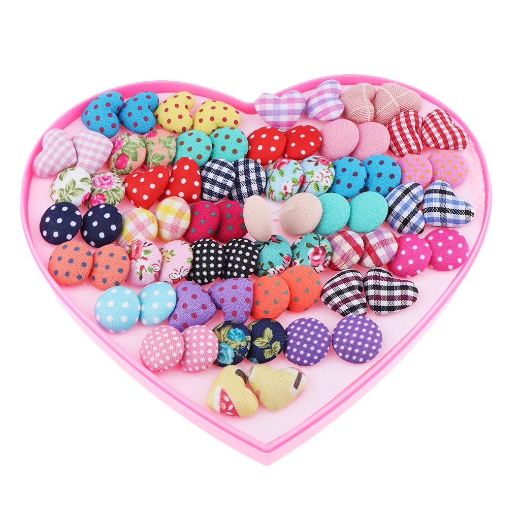 36 Pairs Women Retro Dots Fabric Button Earrings Set Round Heart Stud Earrings