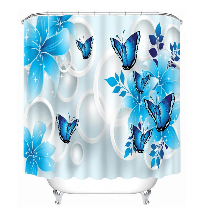 Shower Curtains 3D Circle Purple Flowers and Butterfly Pattern Bathroom Curtains Waterproof Thicken Bath Curtain Customizable