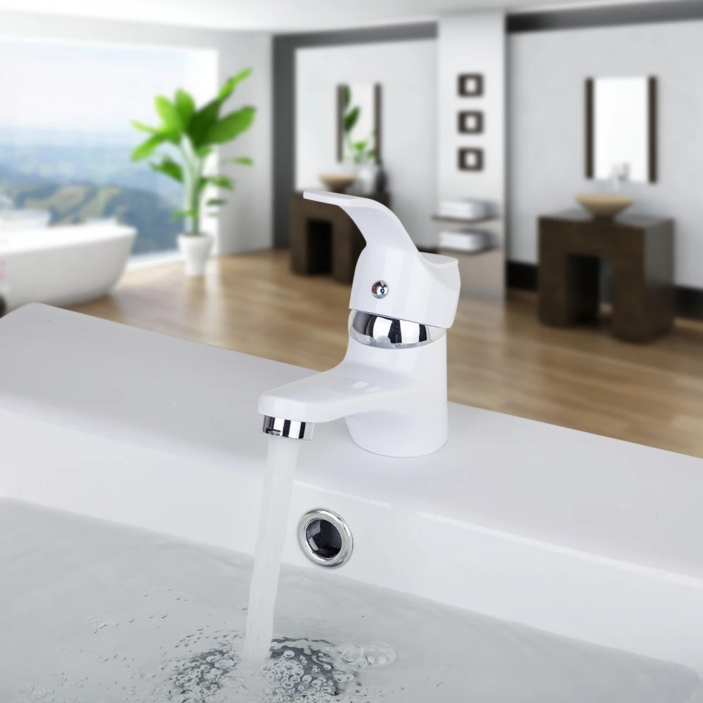 JIENI White Painting Polish Stream Spout Bathroom Basin Sinks Faucet Vanity Vessel Sinks Mixer Tap Cold Hot Water Tap