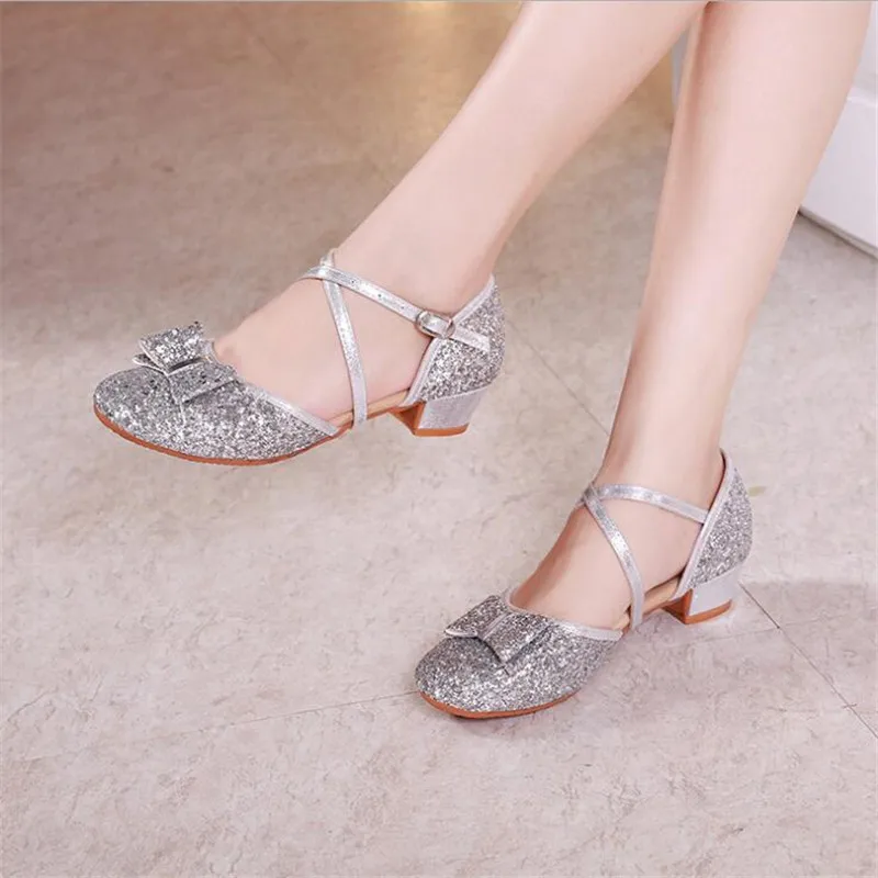 Zapatos de princesa con lentejuelas y tacón alto para niña, calzado de baile para estudiante, con fondo de piel, zapatos individuales de 4CM, talla