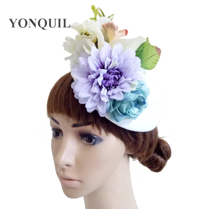 Women Fancy White Fascinator Headwear Purple Silk Flowers Wedding Hats And Fascinators Hair Accessories For Bridal Woman MD16020