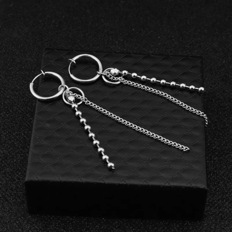 KPOP men Threader Earrings- stainless steel chain drop pendan-minimalist earring-Circle chain stud Earring-Bar chain earring men
