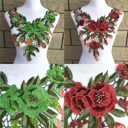 1pc Green/Red Flower Embroidery Applique Pacthes Lace Fabric Neckline Collar Motif Scrapbooking Diy Clothes Sewing