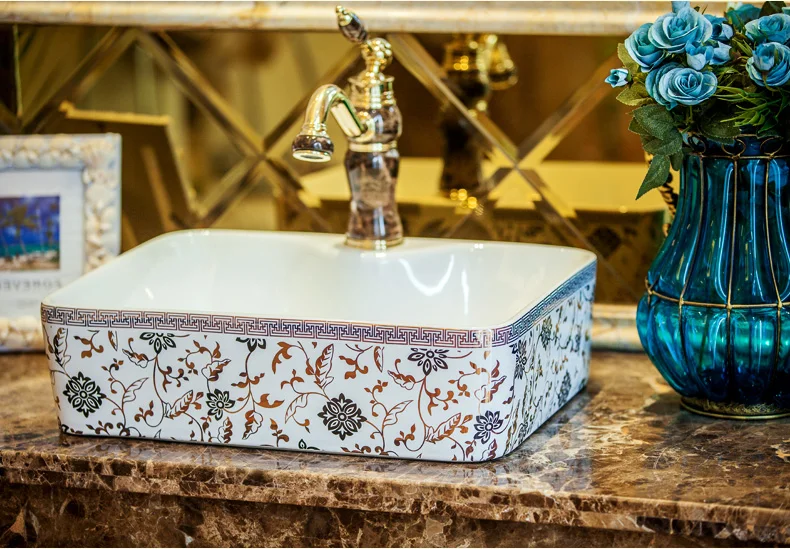 New Rectangular shape Europe style chinese washbasin sink Jingdezhen Art Counter Top ceramic bathroom sink wash sink