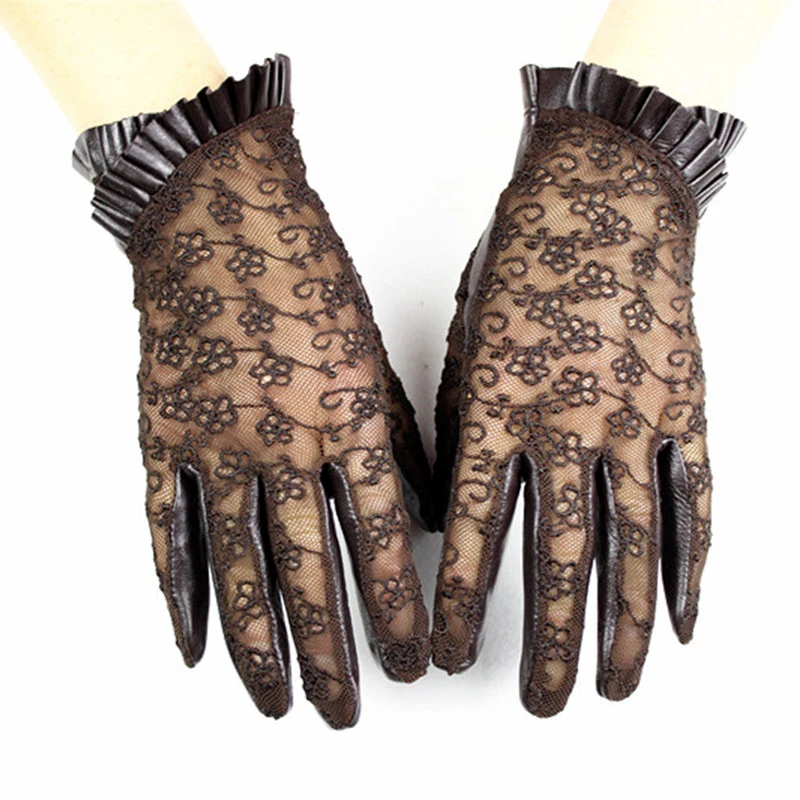 Summer Driving Sheepskin Gloves Female Touch Screen Leather Gloves Single Layer Unlined Thin Fashion Stretch Lace Style