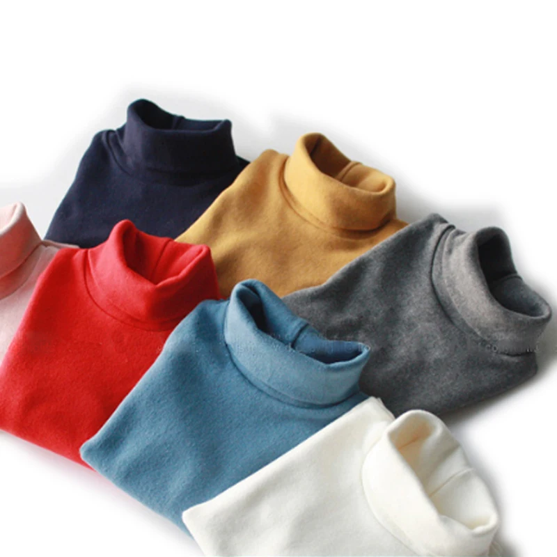 New Children tshirt boys Winter Thicken Add wool T-shirts Girls Solid color Long sleeve tops Cotton Turtleneck Tee shirt garcon