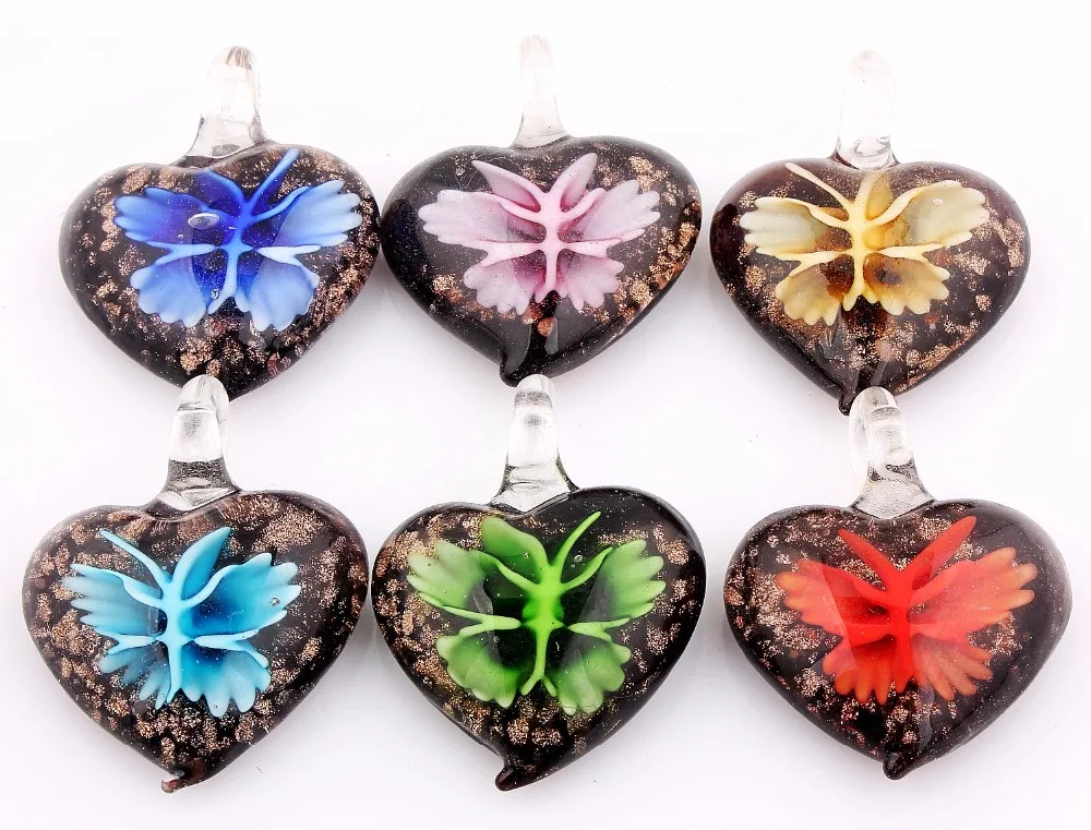 Q Wholesale 6pcs Handmade Murano Lampwork Glass Mix Color Butterfly Flower Pendant Fit Necklace Gift