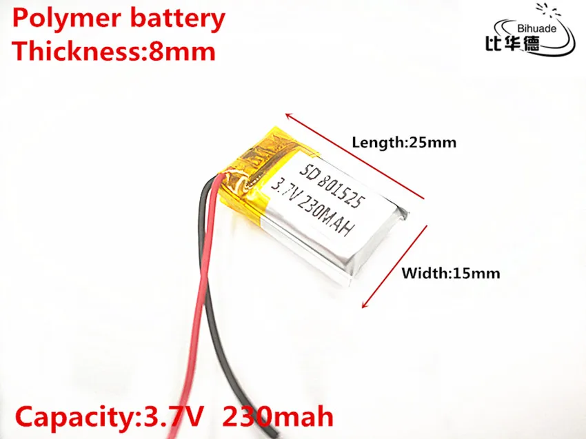 10pcs Liter energy battery Good Qulity 3.7V,230mAH,801525 Polymer lithium ion / Li-ion battery for TOY,POWER BANK,GPS,mp3,mp4