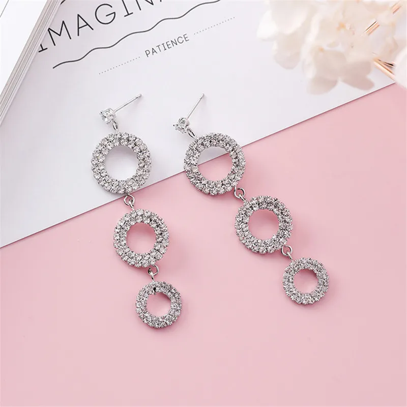 LUBOV Shining Crystal Rhinestone 3 Round Hoops Pendant Dangle Earrings Geometric Round Circle Drop Earrings Women Jewelry Gift