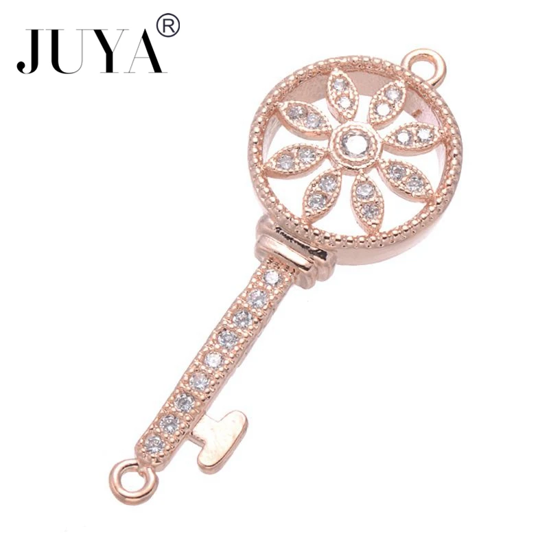 Supplies For Jewelry Wholesale 5pcs / 10pcs Copper Zircon Flower Key Charm Connectors For Jewelry Making Findings Components