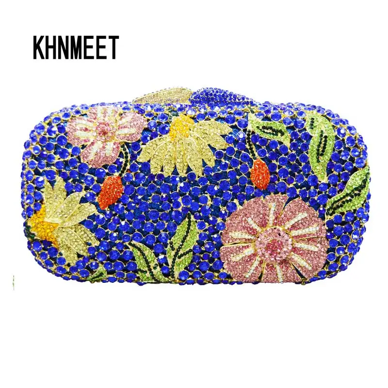 Blue Women sparkly bling evening bags Luxury crystal clutch bags ladies prom Party purse floral pattern soiree pochette SC132