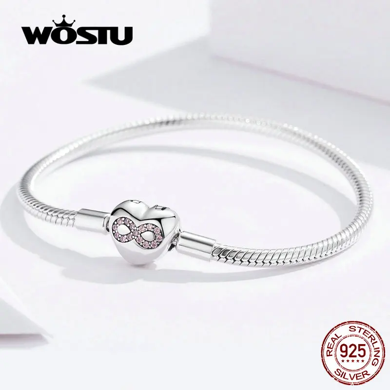 WOSTU Heart Infinity Love Bracelets 100% 925 Sterling Silver Pink Zircon Charm Bracelets Bangle For Women Fashion Jewelry FIB142