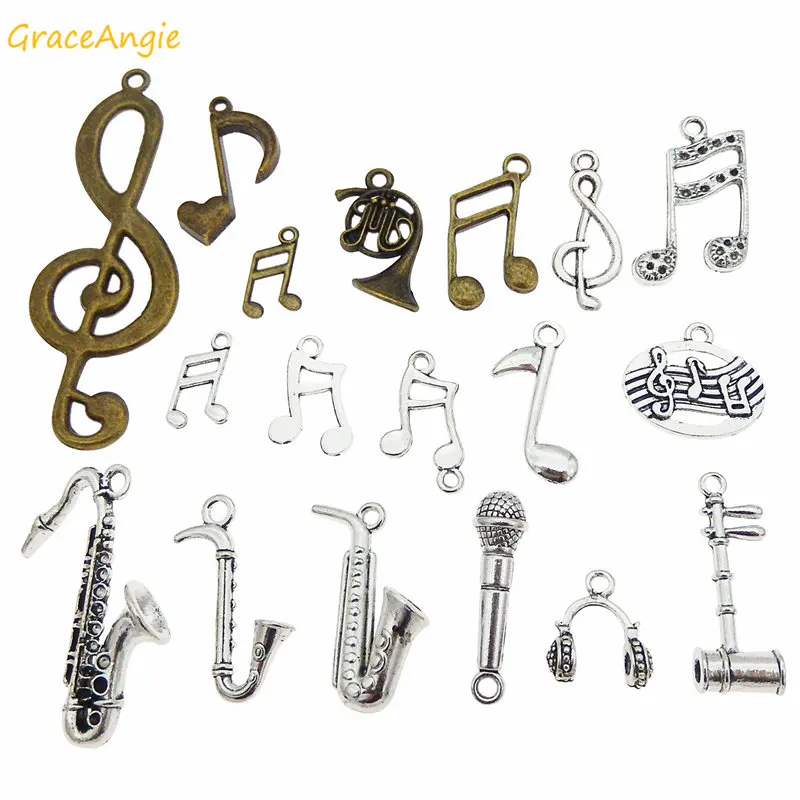 GraceAngie 10pcs Mixed Instruments Music Notes Pendant Zinc Alloy Charms Jewelry Bracelet Necklace Keychain MakingDIY