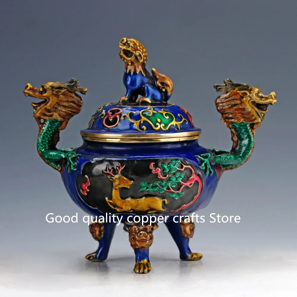 

China collection handwork brass cloisonne double dragon kirin Incense burner