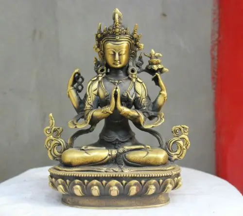 Exquisite Chinese Tibetan Buddhism Brass 4 Arm GuanYin Goddess of Mercy Buddha statue