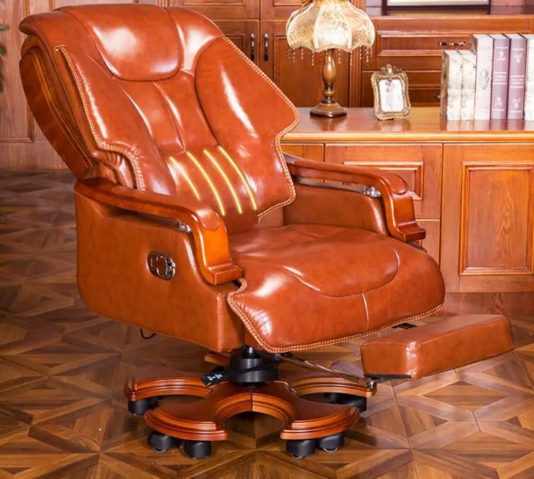 Leather boss chair can lie down office chair family cowhide big class chair massage solid wood swivel chair computer chair.