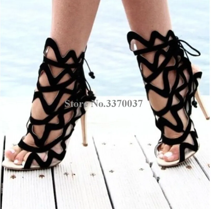 

Women Newest Open Toe Black Suede Leather Mesh Gladiator Sandals Cut-out Stiletto Heel Sandals High Heel Sandals