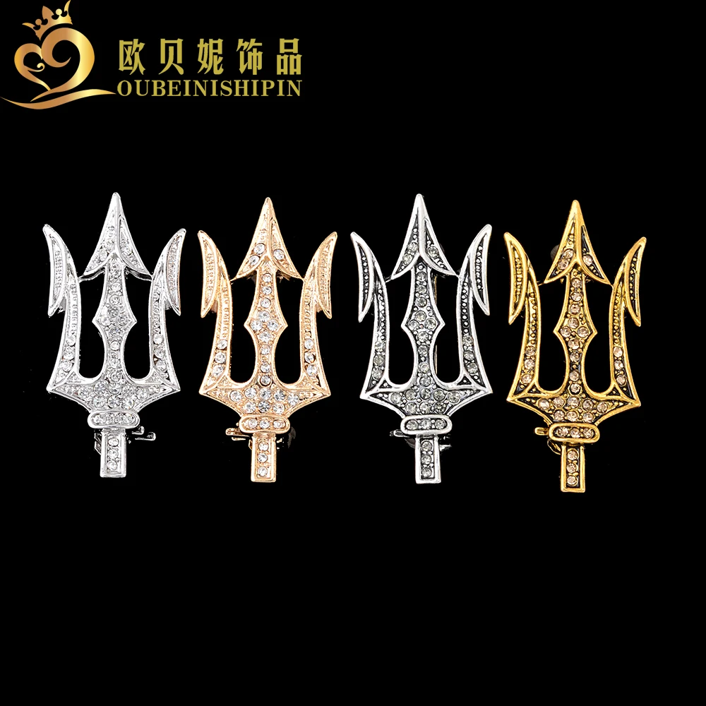 OBN 4 Colors Vintage Trident Metal Spear Rhinestone Collar Pin Brooch  for Men Jewelry