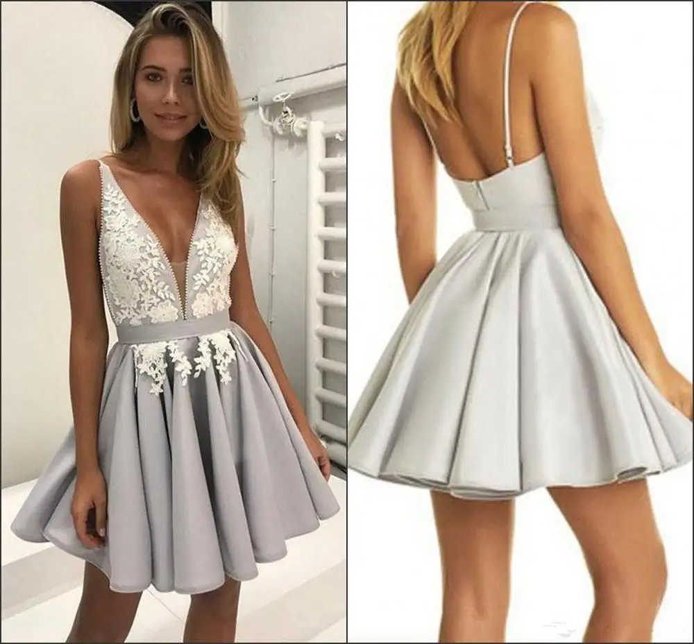 

Backless Homecoming Dresses A-line Deep V-neck Short Mini Appliques Lace Cocktail Dresses