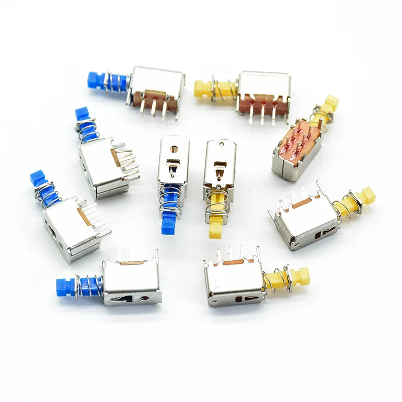 5pcs  Right Angle PCB Latching Push Button Switch DPDT Double Pole 6 Pin self-locking key power switches red blue yellow A03/04