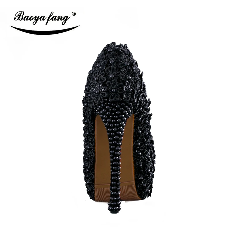 BaoYaFang Black flower Womens wedding shoes Lace High heels platform shoes woman Round toe party shoes 8cm/11cm/14cm high shoes