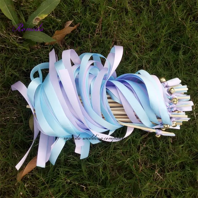 Newest 50pcs/lot light purple and light blue stain ribbon  wedding wands stick Streamers  With  big gold Bells for wedding