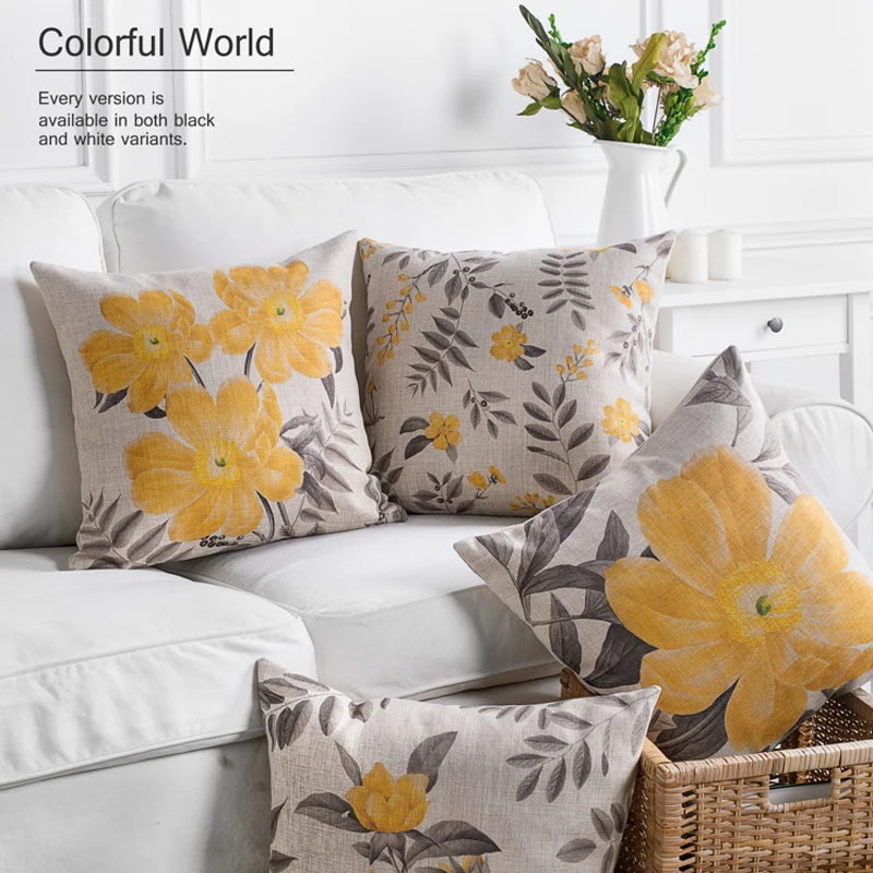 American Rural Yellow Gray Flowers Floral Cushion Pillow Cover Home Decorative PillowCase Office Sofa