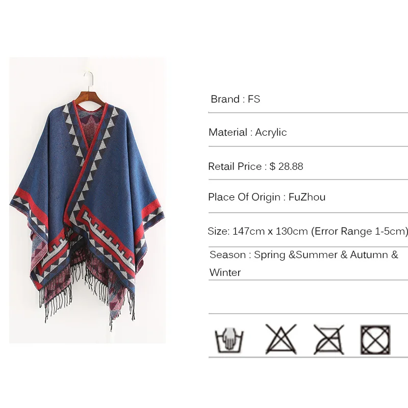 FS-Poncho de Pashmina con borlas geométricas para mujer, bufandas cálidas de estilo indio, abrigo de otoño e invierno