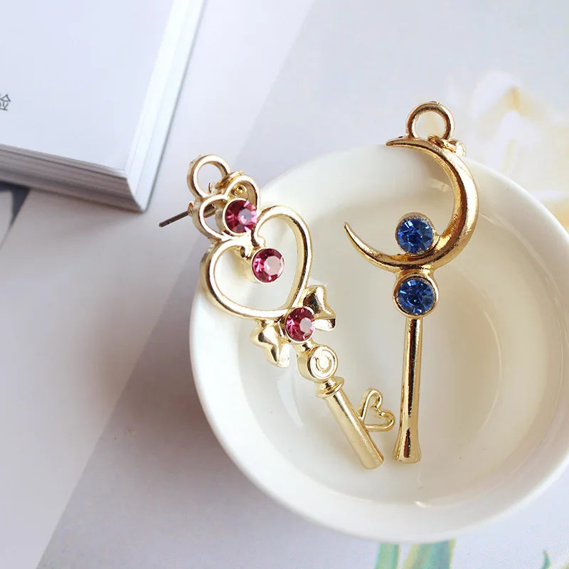 Drop shipping One Pair Gold Color with Blue Red Crystal Key Shaped Star Moon Dangle Earrings