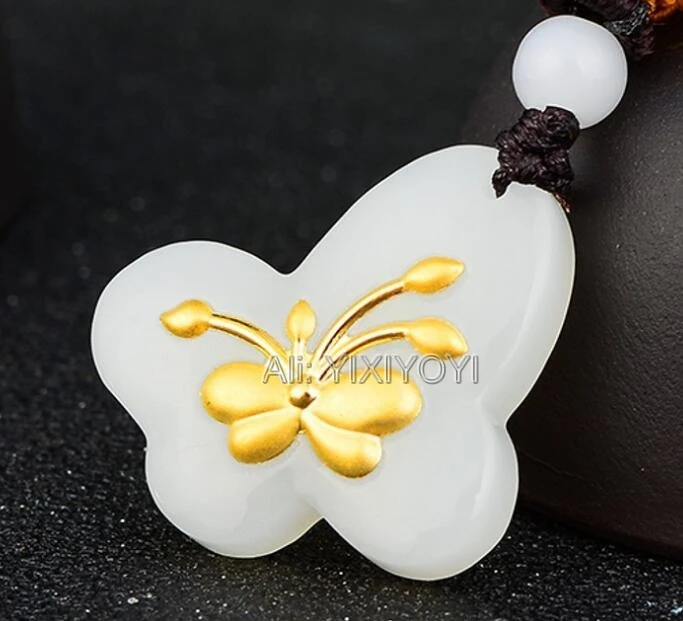 Natural White HeTian Jade 18K Solid Gold Butterfly Inlaid Lucky Amulet Pendant Free Necklace Luxury Fine Jewelry + Certificate