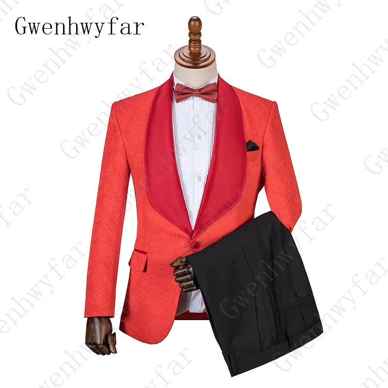 

Gwenhwyfar Brand 2023 Two Pieces Suit Slim Fit Men Shawl Lapel Red Jacquard Wedding Groom Suits Prom Suits Mens Jacket Pants