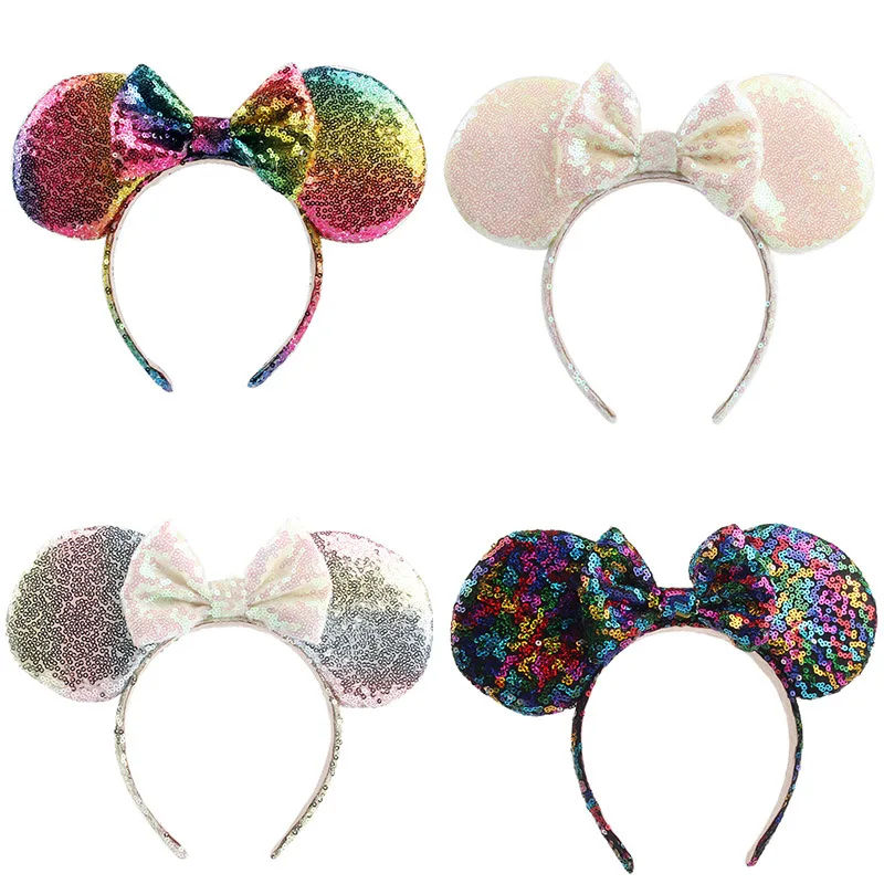 Rainbow Bow Lantejoulas Hairband para Crianças, Minnie Mouse Orelhas Headband para Mulheres, DIY Acessórios para Cabelo, Headwear para Meninas, Novo