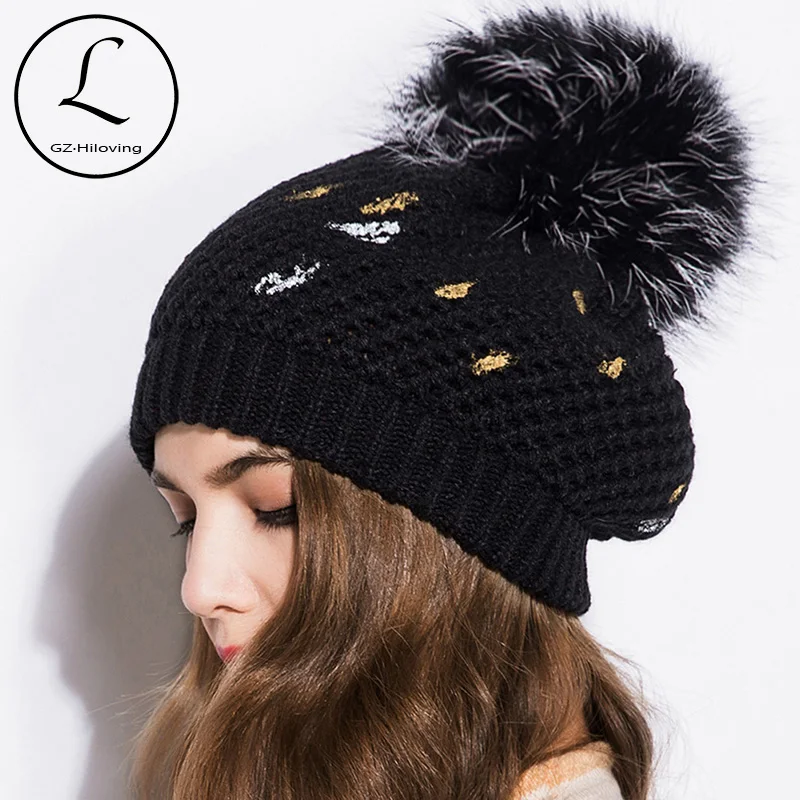 

GZHilovingL Thick Warm Winter Hat For Women Soft Stretch acrylic Knitted real fur Pom Poms Beanies Hats Women's Skullies Beanies