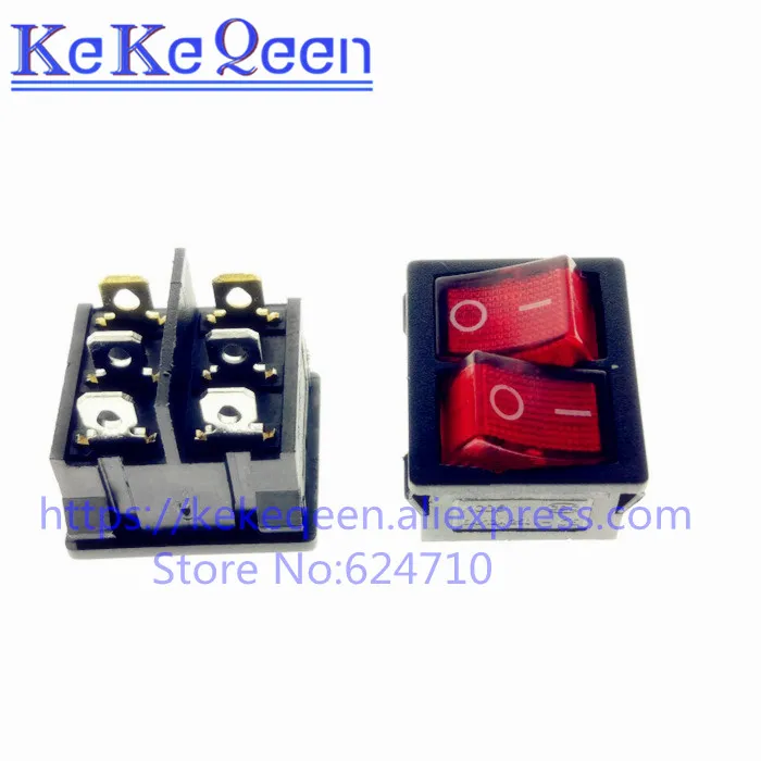 10PCS/LOT KCD5 21x24mm With Red Light Rocker Switches Two-Way Switch 6 Pin 2 Position 6A/12A 250VAC ON-OFF