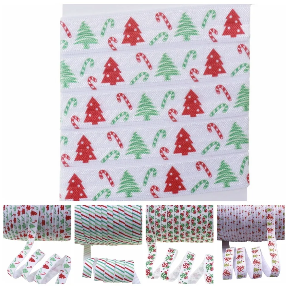 

5/8" heat transfer Christmas tree gift candy stripes dots fold over elastic foe elastic for headband ties welcome custom printed