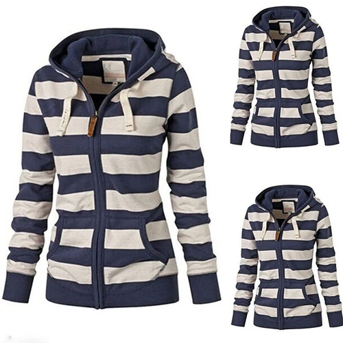 Female coat  Autumn Winter Wear Zipper Fashion Striped Hoodies Fleece Jacket Fall Sweatshirts Coat Warm Jacket casaco feminino