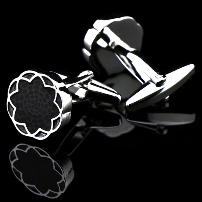 FLEXFIL Round Lotus Jewelry French Shirt Fashion Cufflinks for Men's Cuff links Buttons Black High Quality Free Shipping