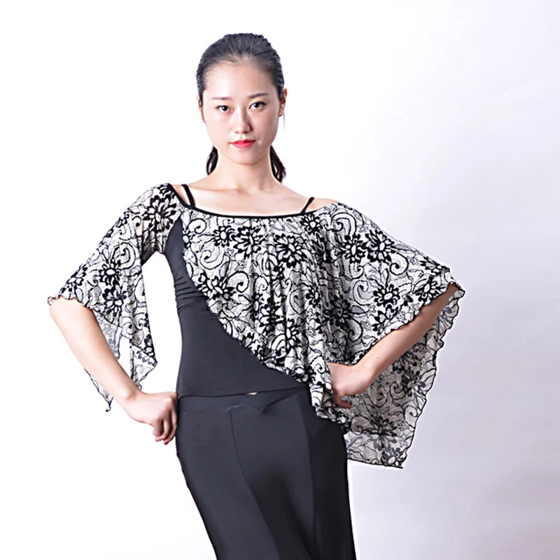 

Modern dance top ballroom dancing ladies practice frills at sleeves stripes shoulder cappa collar T13009