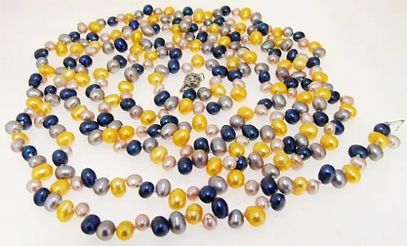 72'' Lariat Knotted Necklace Blue Yellow Grey Multicolor Freshwater Cultured Pearl Beads Long Necklace.