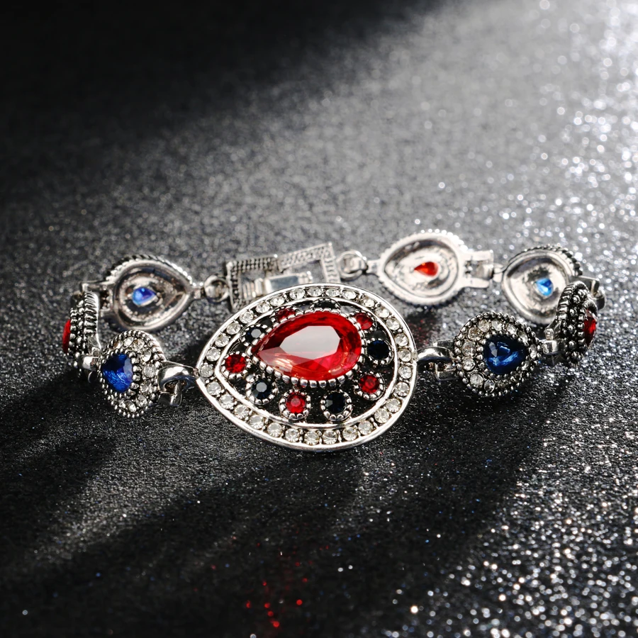 Luxury Indian Jewelry Silver Color Red Crystal Bracelets For Women Vintage Look Hollow Out Water Drop White Crystal Party Gift