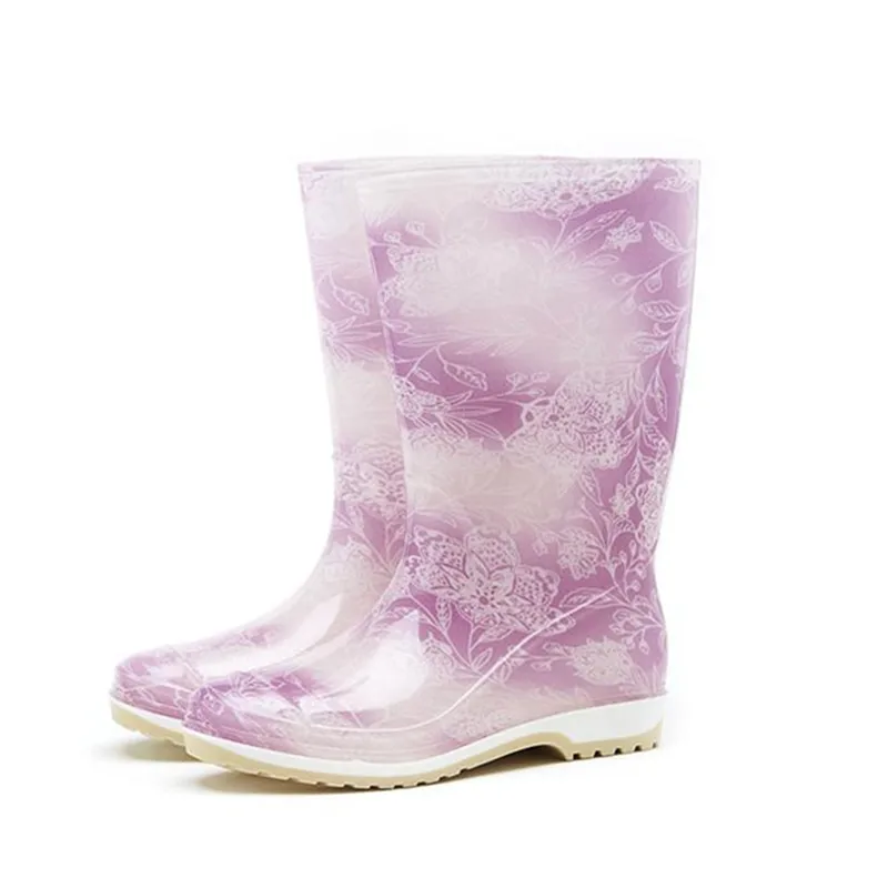 Rouroliu Women PVC Rain Boots Winter Anti-slip Warm Plush Floral Rainboots Waterproof Water Shoes Woman Wellies RS26