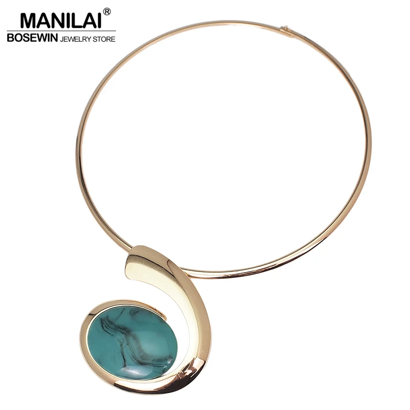 

MANILAI Big Oval Resin Pendant Metal Torques Choker Necklace For Women Fashion Alloy Geometric Statement Necklaces Jewelry