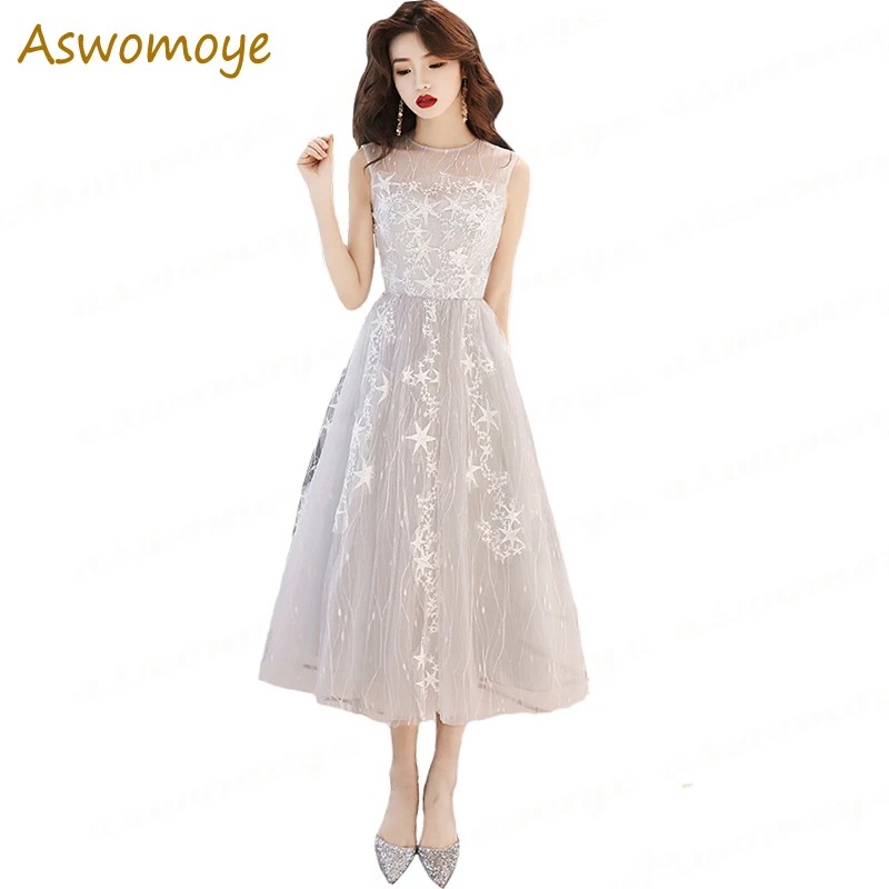 

Evening Dress 2019 New Banquet Noble Elegant Prom Party Dresses Illusion O-neck a Line Tea Length Formal Dress Robe De Soire