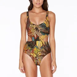 Vintage Printed Bandage One Piece Swimsuit Women Swimwear High Cut Out Monokini High Waist Bathing Suit Sexy Bodysuit Beach Wear