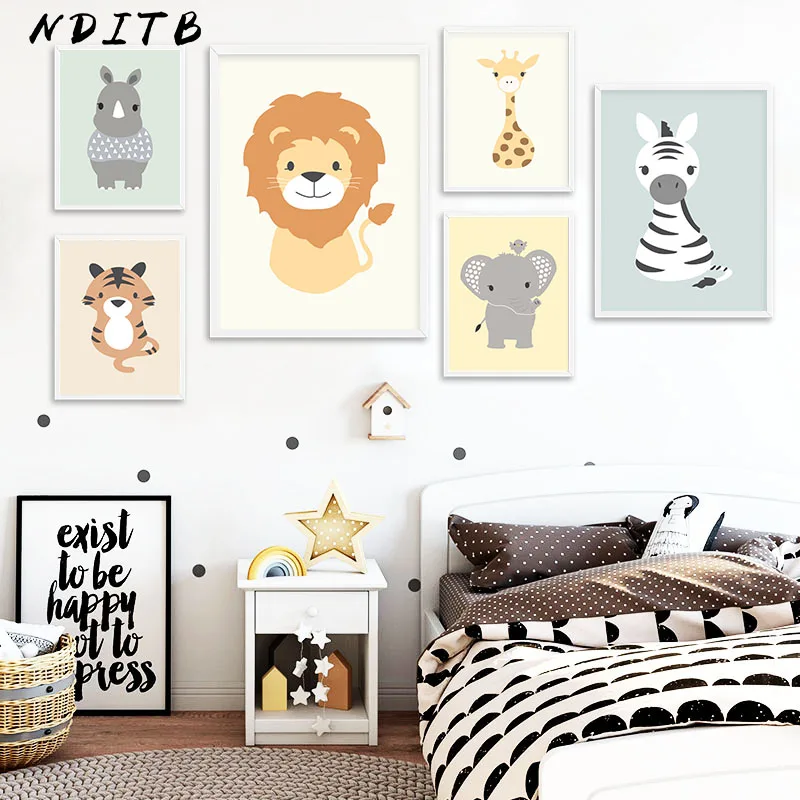 NDITB Woodland Animal Tiger Elephant Canvas Painting Cartoon Wall Art Posters Nursery Prints Nordic Kids Decoration Pictures