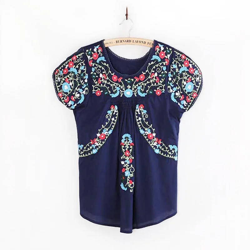 Women Vintage Hippie Oaxacan Mexican BOHO Blouse Floral Embroidered Ethnic Tunic COTTON Retro Tops Blouses Shirts Femme Blusas