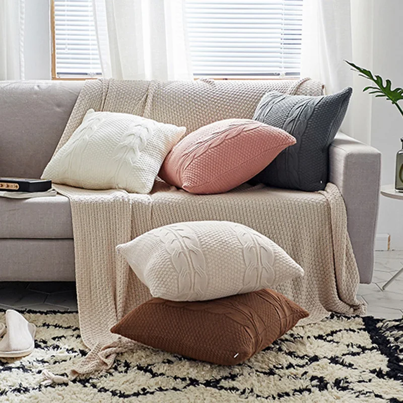 Double Cable Knit Cushion Cover Vintage Coffee Ivory Grey Pink Coffee Solid Pillow Case  45cm*45cm Soft  5 colors for choose