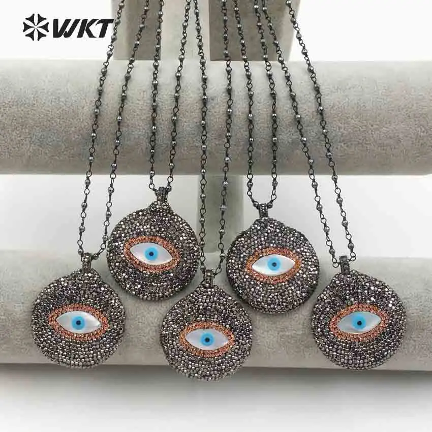 WT-NV214 WKT Fashion female necklace evil eye shell pendant with rhinestone paved in round shape 18